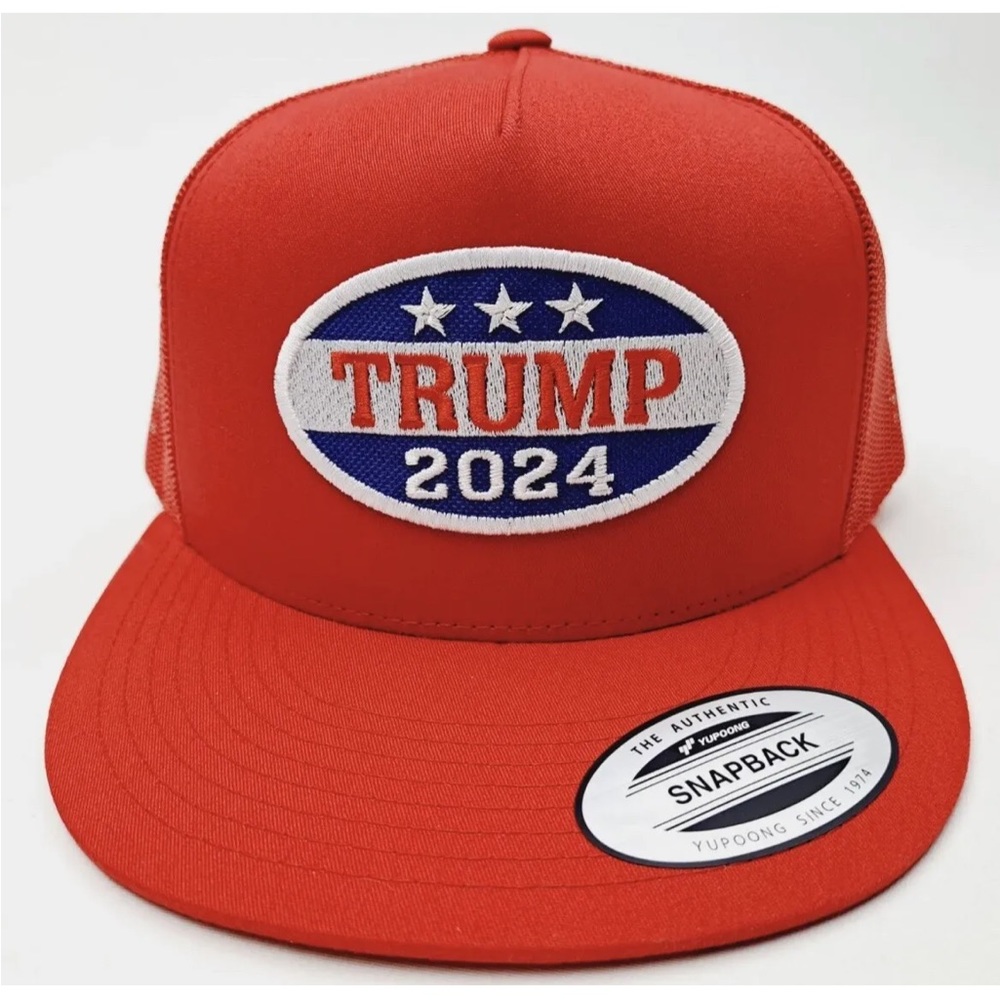 MAGA Trump 2024 Red Hat Cap  Embroidered Patch  Flat Bill Mesh Snapback